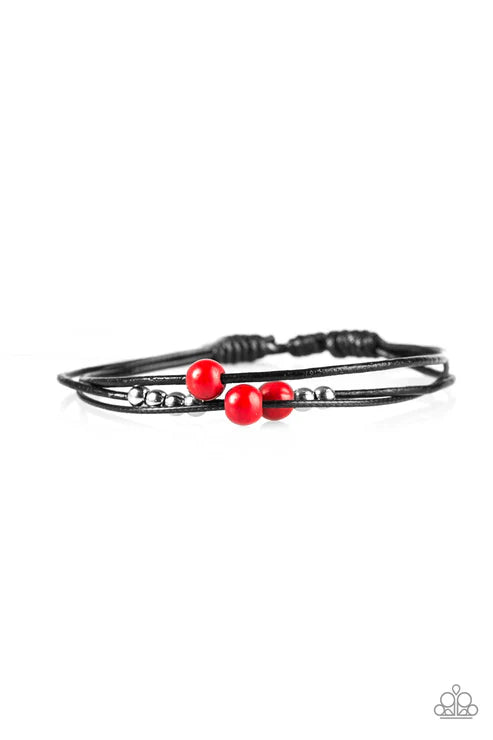 Mountain Treasure - Fiery Red/Black Stone/Cording Adjustable Sliding Knot Closure Urban Bracelet B#6454