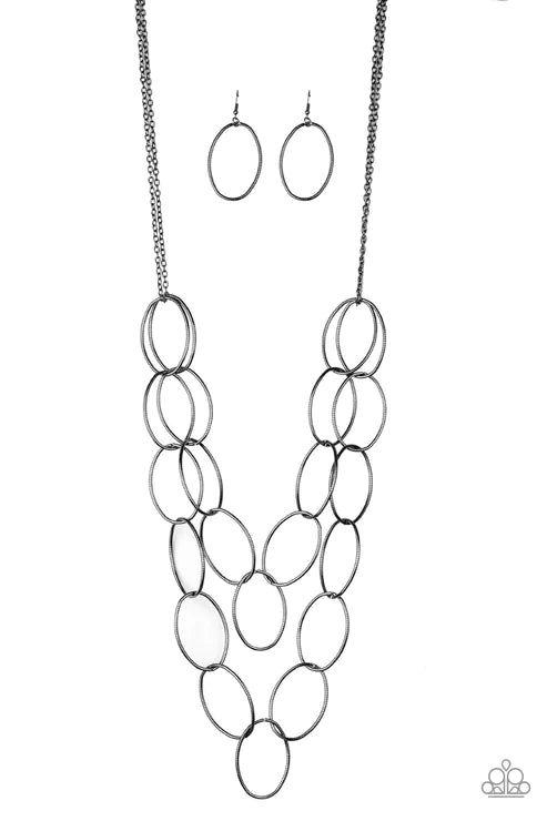 Move On OVAL! - Oversized Black Oval Etched Texture Industrial Necklace N#3955