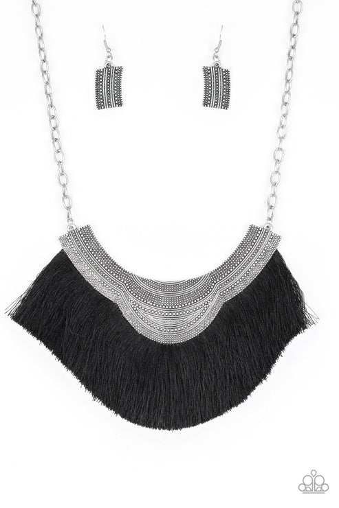 My PHARAOH Lady - Black Dotted Scalloped Plate Tribal Fringe Necklace N#6304