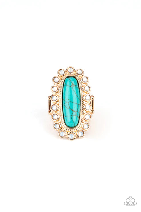 Mystic Oasis - Oversized Blue Textured Gold Frame Oblong Stone Bordered Opalescent Stone Beads Ethereal Effect Ring R#3170