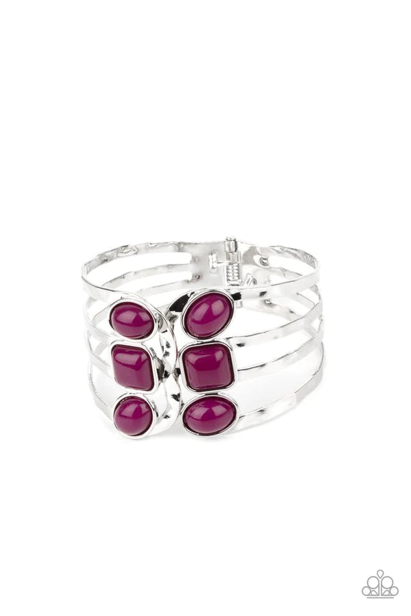 Mystified - Oversized Magenta Purple Oval/Square Asymmetrical Hammered Scalloped Open-Faced Hinged Cuff Bracelet B#4148