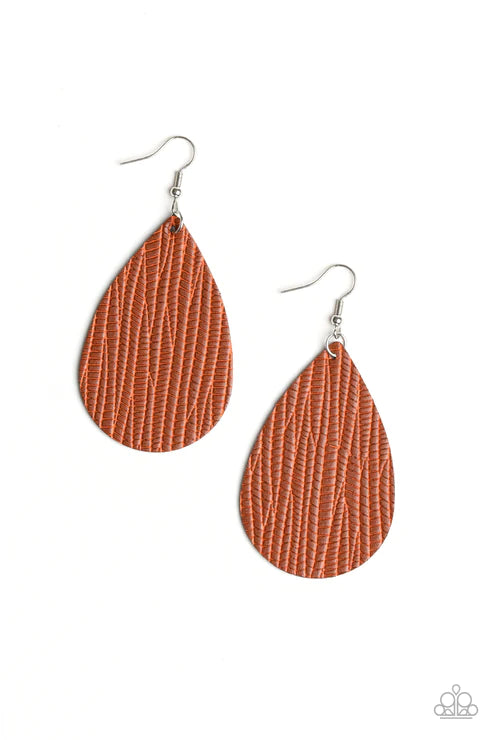Natural Resource - Oversized Brown Stamped Animal Print Leather Teardrop Earrings E#2968