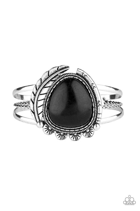 Natures Bounty - Oversized Black Mismatched 3D Feather Stone Tribal Teardrop Cuff Bracelet B#5288