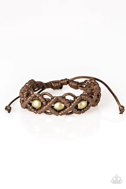 Nautical Navigator - Brown/Brass Netted Twine Knotted Cording Adjustable Sliding Knot Closure Urban Bracelet B#3692
