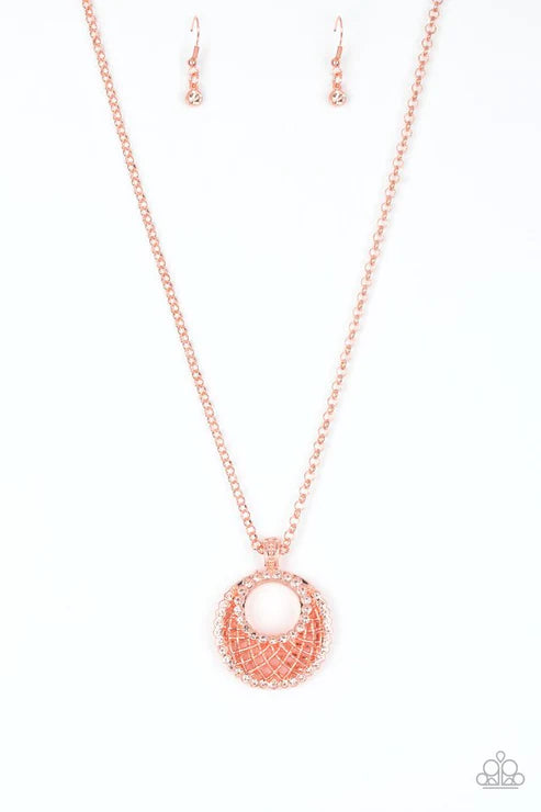 Net Worth - Copper/Peach Encrusted Crescent Net Necklace N#5651