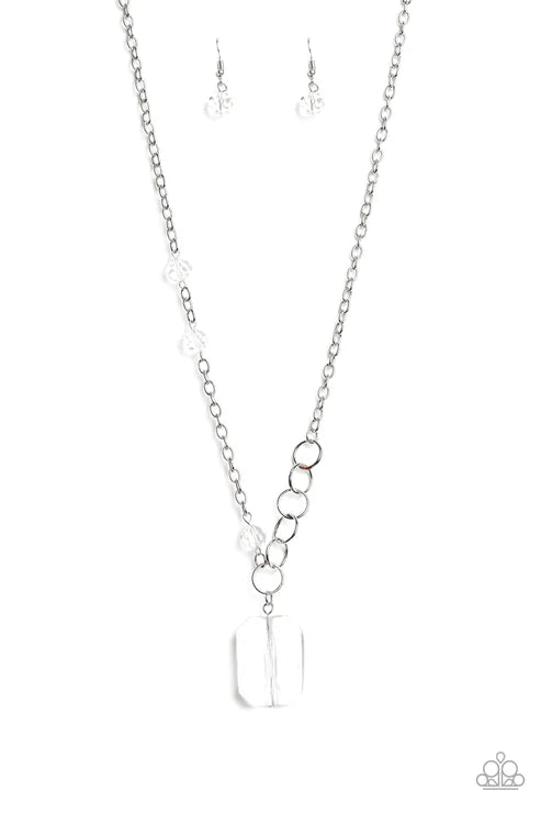 Never a Dull Moment - Oversized White Trio Asymmetrical Mismatched Crystal Emerald-Cut Necklace N#5323