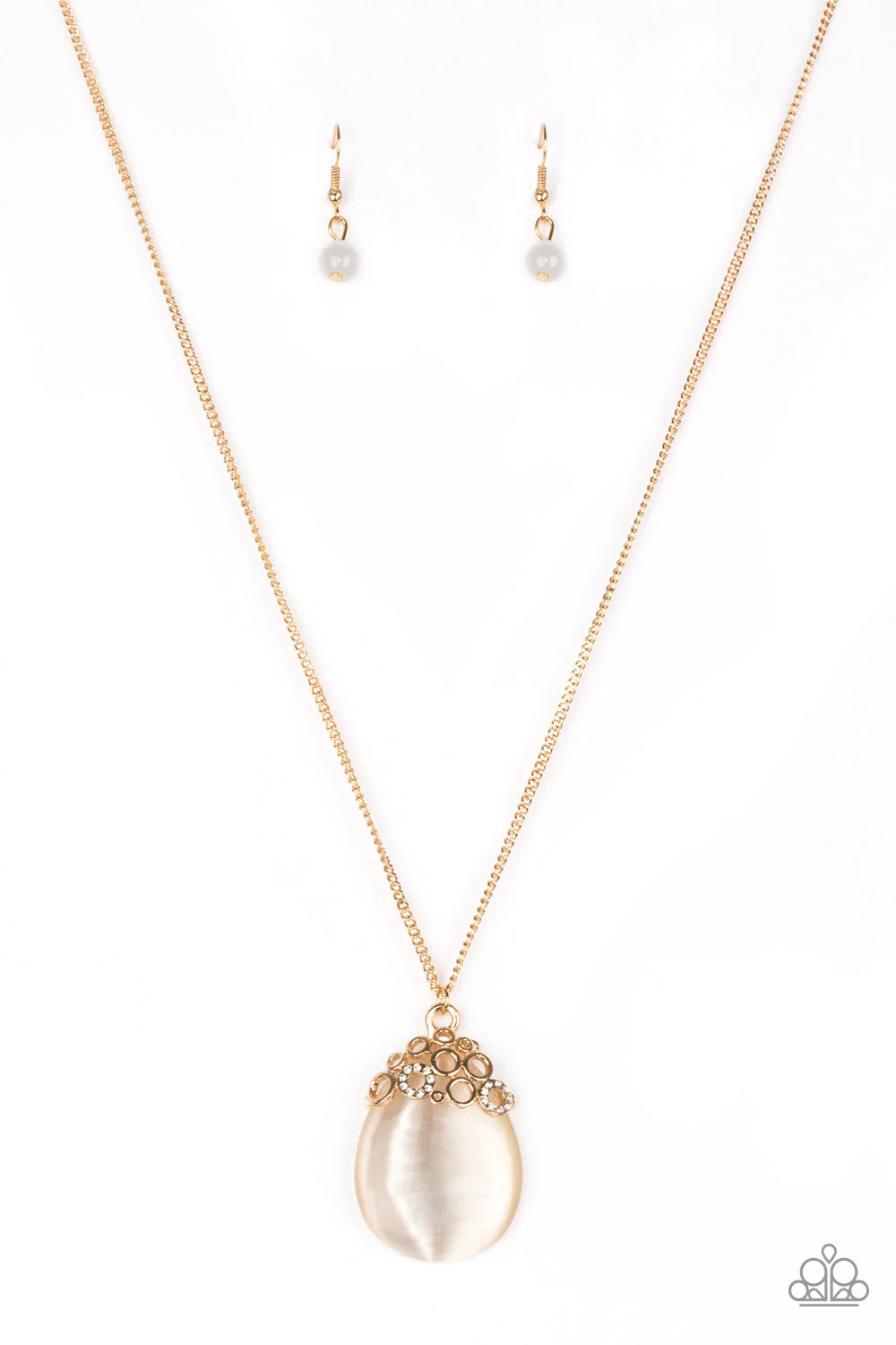 Nightcap and Gown - Bubbly Gold Cat's Encrusted Eye Moonstone Teardrop Necklace N#7160
