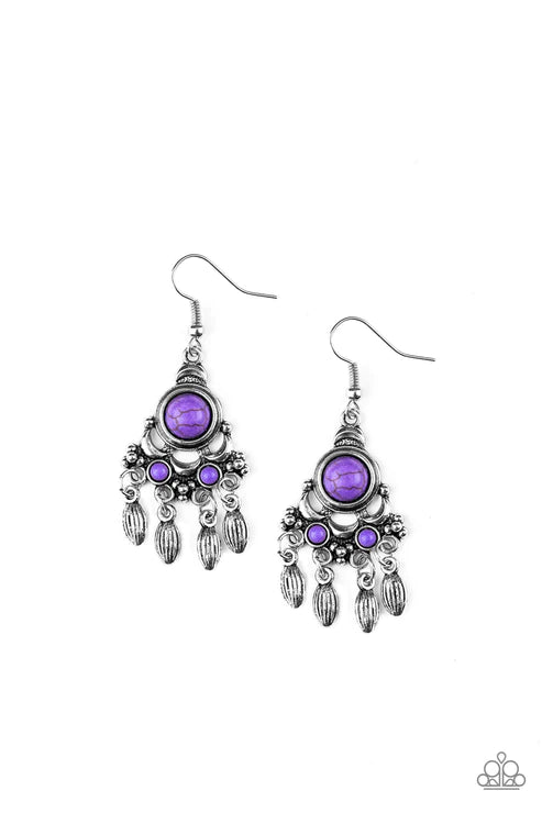 No Place Like HOMESTEAD - Purple Ornate Stone Accent Fringe Earrings E#5367