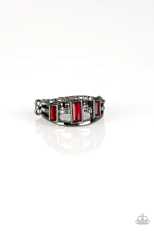 Noble Nova - Red/Gunmetal Hematite Emerald-Cut Encrusted Ring R#6052