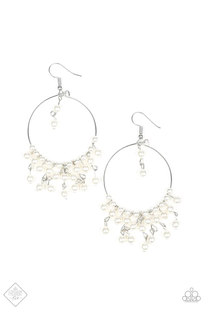 Now On Broadway - Oversized White Pearl Fringe Hoop Earrings E#7213