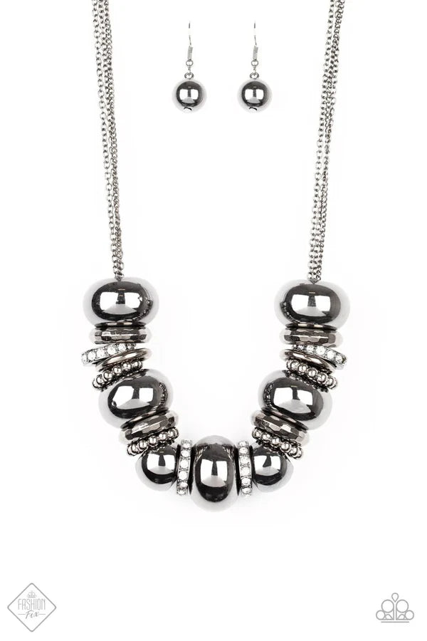 Only the Brave - Oversized Metallic Black/Gunmetal Collision Encrusted Studded Hammered Hoop Necklace N#6915