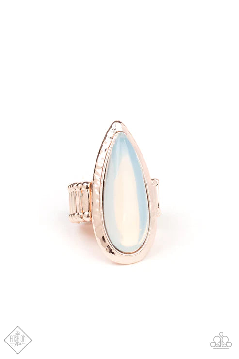 Opal Oasis - Oversized Rose Gold Opalescent Shimmer Hammered Teardrop Ring R#5194