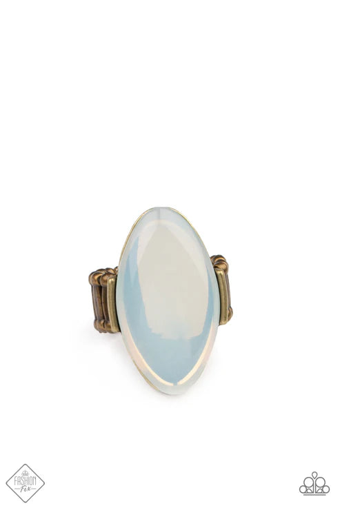 Opal Odyssey - Brass Dewy Iridescence Oversized White Opal Bead Ethereally Rustic Ring R#7375