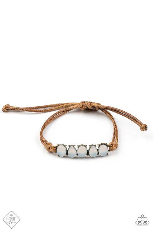 Opal Paradise - Brass Pronged Fittings Row Of Oval/Teardrop Opal White Beads Connects Solitaire Frame Ethereal Centerpiece Knotted Shiny Brown Cording Whimsically Rustic Display Adjustable Sliding Knot Closure Bracelet B#7376