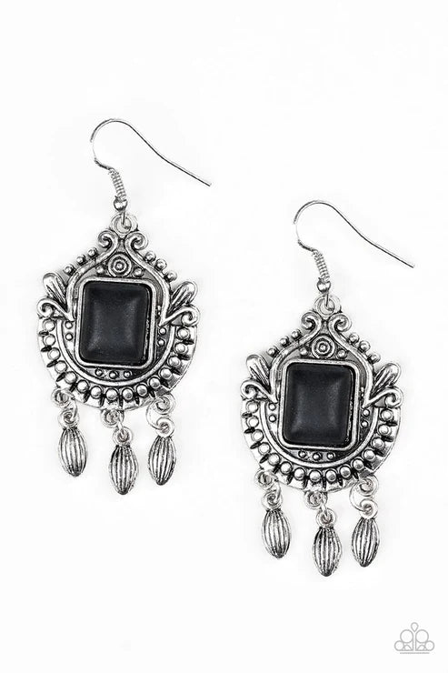 Open Pastures - Black Chiseled Square Stone Ornate Radiating Studded Detail Whimsical Fringe Earrings E#3372