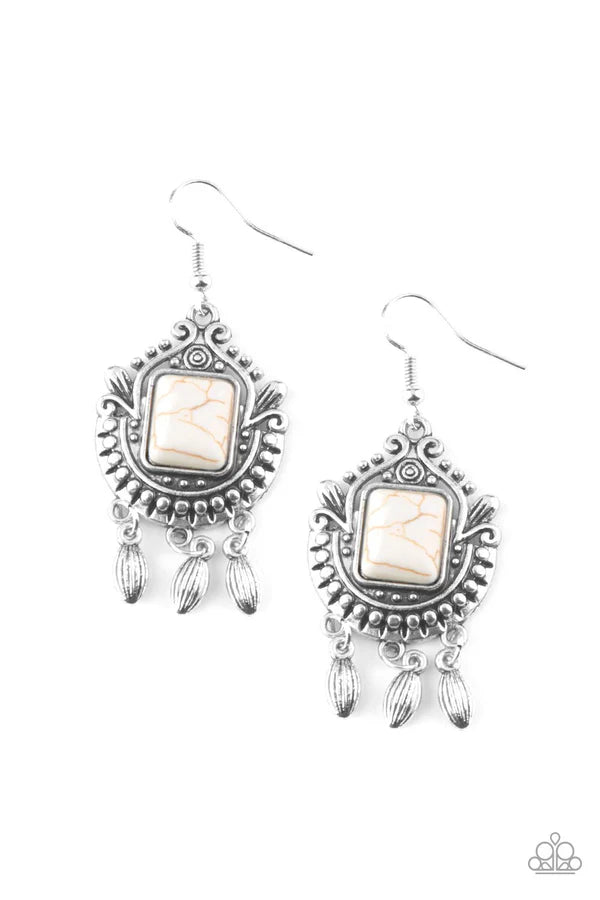 Open Pastures - White Chiseled Square Stone Ornate Radiating Studded Detail Whimsical Fringe Earrings E#6790