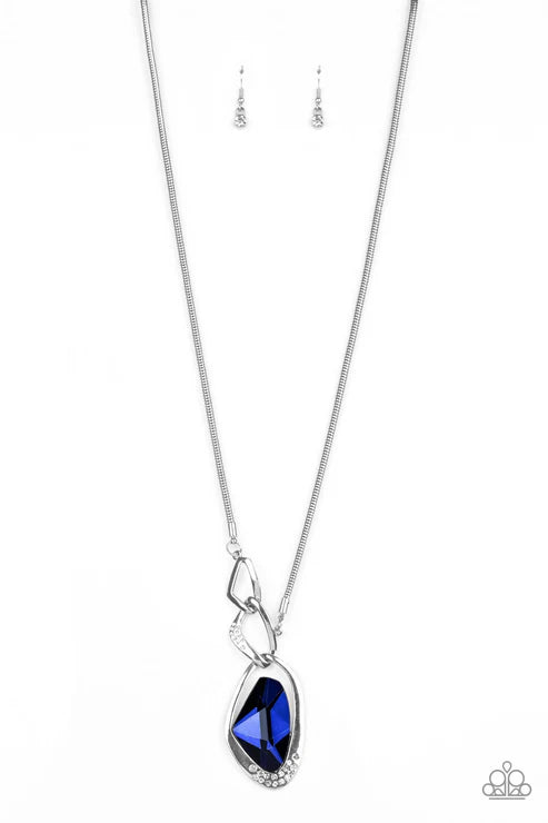 Optical Opulence - Oversized Blue Faceted Abstract Asymmetrical Nestled Linked Encrusted Necklace N#6334