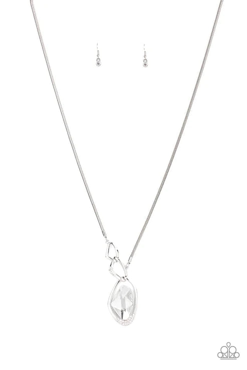 Optical Opulence - Oversized White Faceted Abstract Asymmetrical Nestled Linked Encrusted Necklace N#5928