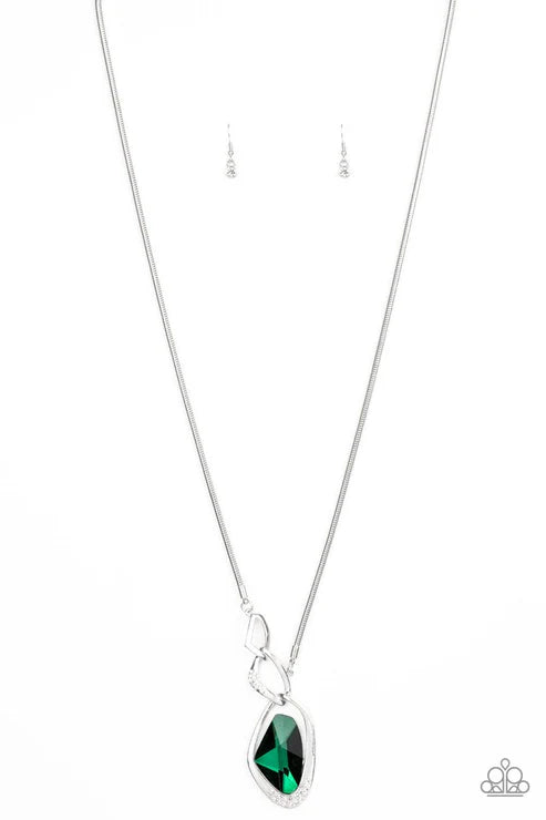 Optical Opulence - Oversized Green Faceted Abstract Asymmetrical Nestled Linked Encrusted Necklace N#2088