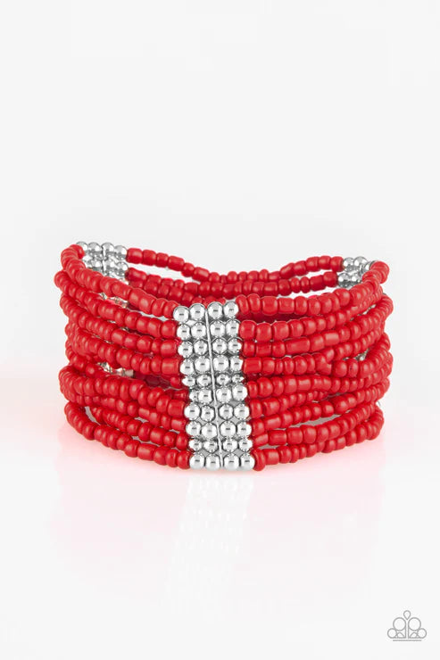 Outback Odyssey - Oversized Red/Silver Metallic Accent Seed Bead Bracelet B#4624