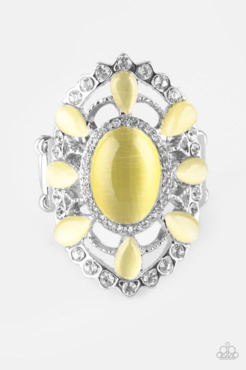 Over The MOONFLOWER - Yellow Encrusted Cat's Eye Moonstone Ring R#6411