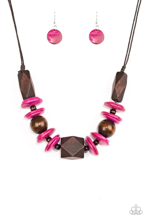 Pacific Paradise - Oversized Pink/Brown Dramatic Abstract Geometric Mismatched Wooden Beads/Accents Shiny Brown Cording Bold Summery Button Loop Closure Necklace N#4822