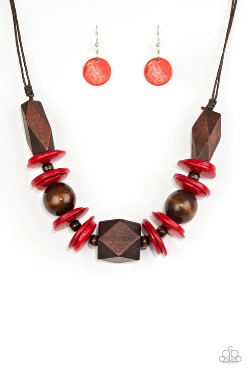 Pacific Paradise - Oversized Red/Brown Dramatic Abstract Geometric Mismatched Wooden Beads/Accents Shiny Brown Cording Bold Summery Button Loop Closure Necklace N#4875