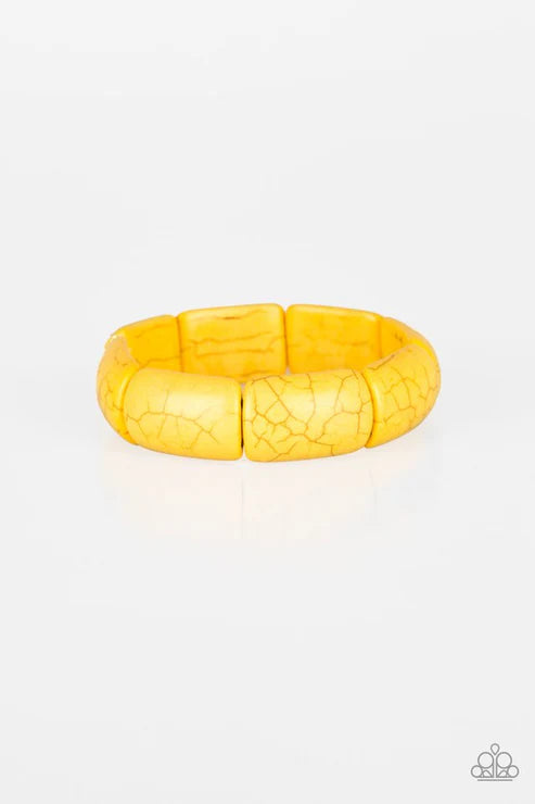 Peace Out - Oversized Yellow Chiseled Smooth Rectangular Hearty Stone Links Bracelet B#3691