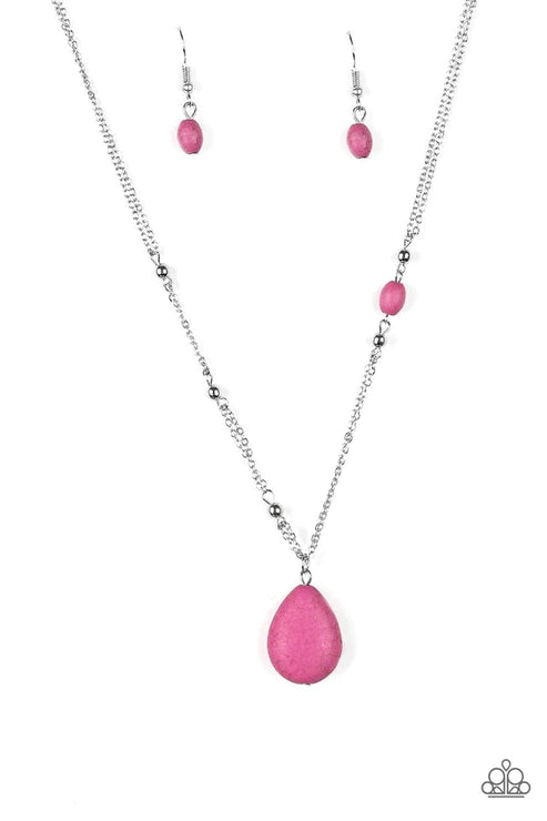 Peaceful Prairies - Pink Dotted Accent Stone Teardrop Pendant Necklace N#5711