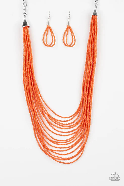 Peacefully Pacific - Oversized Orange Infused Layered Seed Bead Necklace N#1672