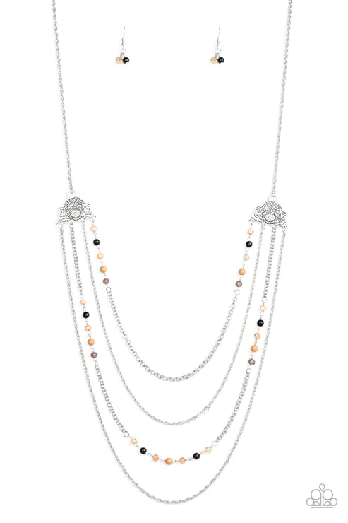 Pharaoh Finesse - Oversized Multi (Brown/Black) Polished/Glassy Pharaoh Ornate Floral Crystal Cascade Necklace N#3651