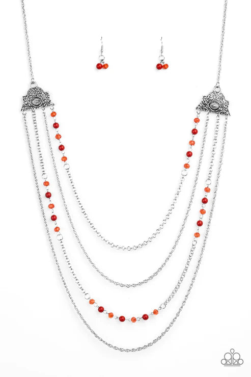 Pharaoh Finesse - Oversized Red Polished/Glassy Pharaoh Ornate Floral Crystal Cascade Necklace N#3097