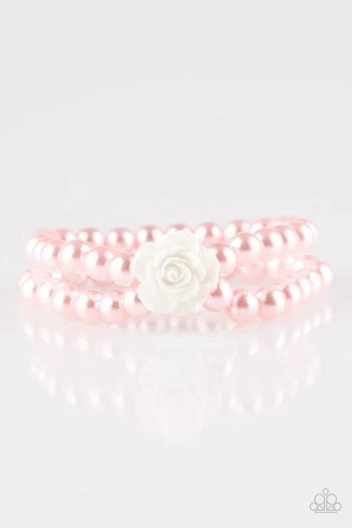 Posh and Posy - Pink Connected Flirty White Resin Rose Pearls Vintage Bracelet B#4436