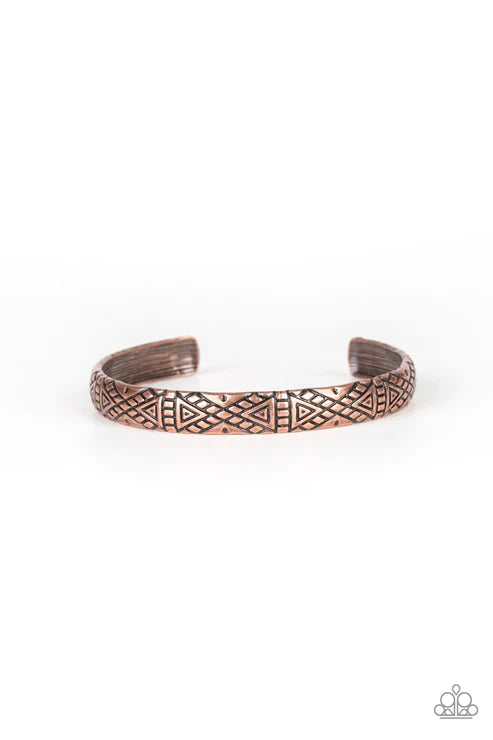 Power Pack - Copper Stamped Geometrical Tribal Curled Cuff Bracelet B#4764