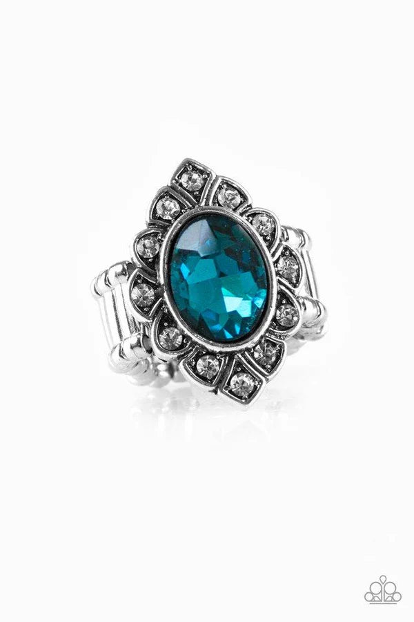 Power Behind The Throne - Blue Glassy Marquise Regal Encrusted Ring R#6855