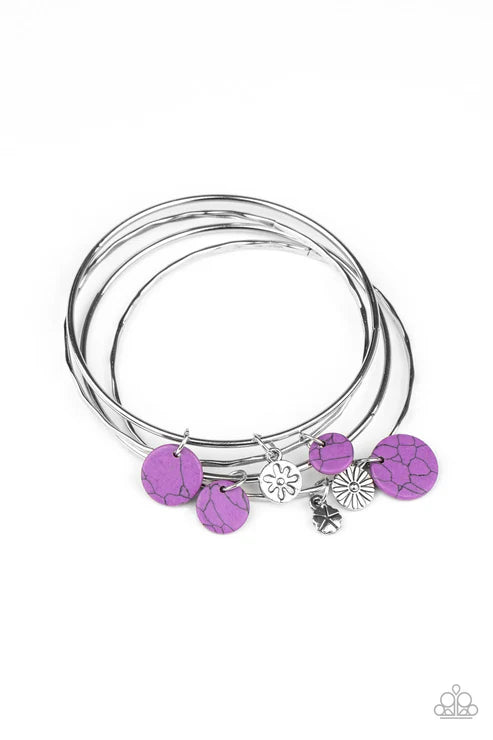 Prairie Plains - Purple Infused mismatched Floral Charm Stone Discs Hammered Bangles Slides Along Bracelet Stack B#5268