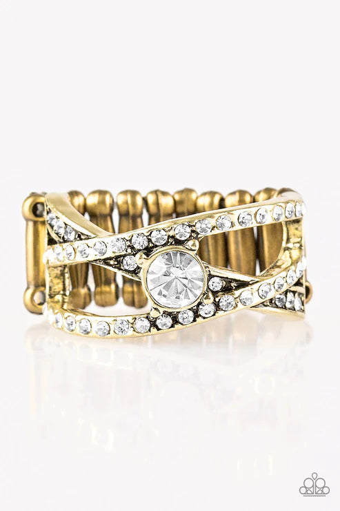 Prepare To Be Dazzled! - Brass Crisscross Encrusted BarsRing R#5661