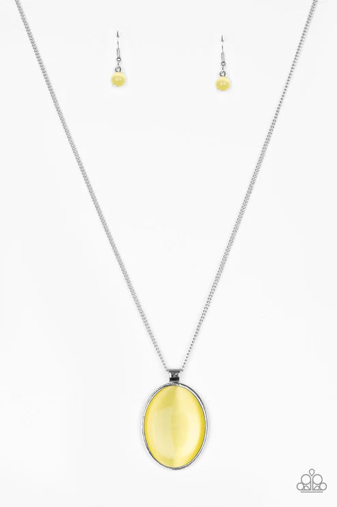 Pretty Poppin - Oversized Yellow Cat's Eye Moonstone Whimsical Pendant Necklace N#6816