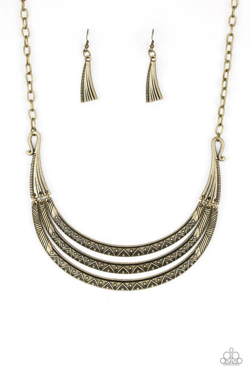 Primal Princess - Brass Antiqued Embossed Dotted/Studded Zigzagging Ornate Textured Indigenous Crescent Plates Necklace N#4563