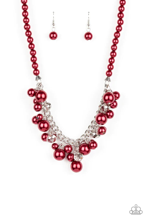 Prim and POLISHED - Oversized Red/Smoky Metallic Pearl Cluster Flecked Crystal Fringe Necklace N#5569