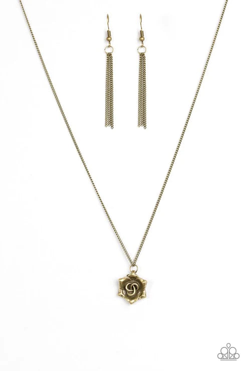 Primrose Path - Brass Shimmer 3D Folded Rosebud Necklace N#4542