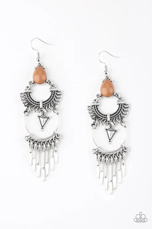 Progressively Pioneer - Oversized Meerkat Brown Tribal Flared Rods Stacked Teardrop Fringe Earrings E#6244