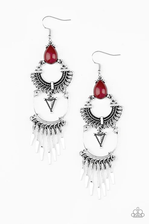 Progressively Pioneer - Oversized Rich Red Tribal Flared Rods Stacked Teardrop Fringe Earrings E#2958