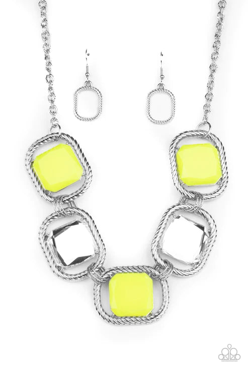 Pucker Up - Oversized Yellow Sheen Neon Faceted Triple Link Rope Necklace N#5718