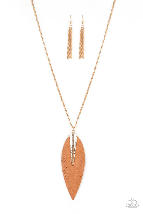 Quill Quest - Oversized Gold/Brown Hammered Pinched 3D Spliced Feathery Leaf Necklace N#2779
