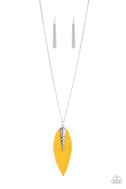Quill Quest - Oversized Yellow Hammered Pinched 3D Spliced Feathery Leaf Leather Necklace N#7290