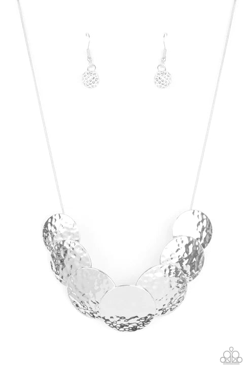RADIAL Waves - Silver Overlapped Hammered Disc Slide Along Rounded Snake Chain Necklace N#3224