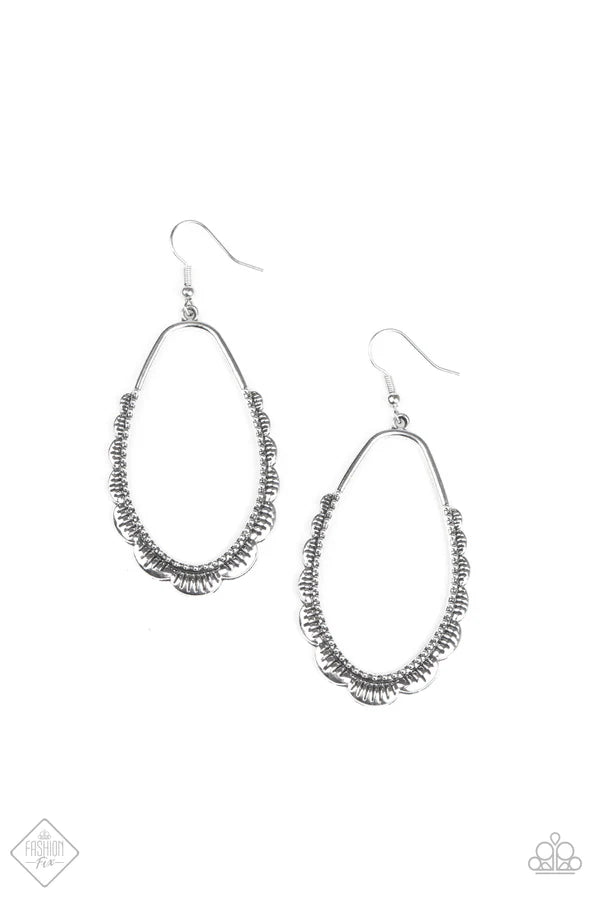 RUFFLE Around the Edges - Silver Asymmetrical Scalloped Ruffle Flare Textured Teardrop Earrings E#6937