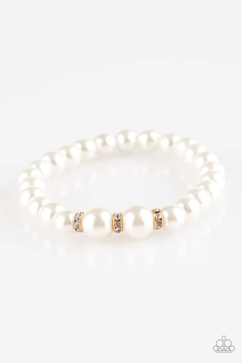 Radiantly Royal - White/Gold Luminescent Pearl Encrusted Rings Bracelet B#5398
