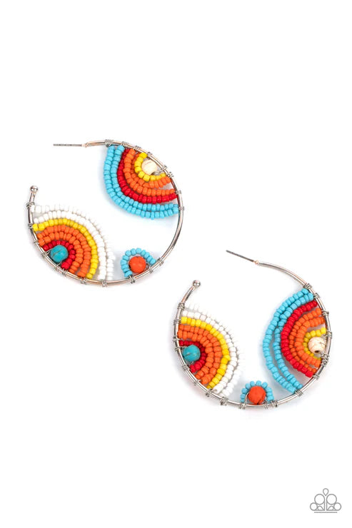 Rainbow Horizons - Oversized Multi (Rainbow-Blue/Red/Orange/Yellow/White) Curled Rainbow Seed Bead Wrapped Hoop Earrings E#5663